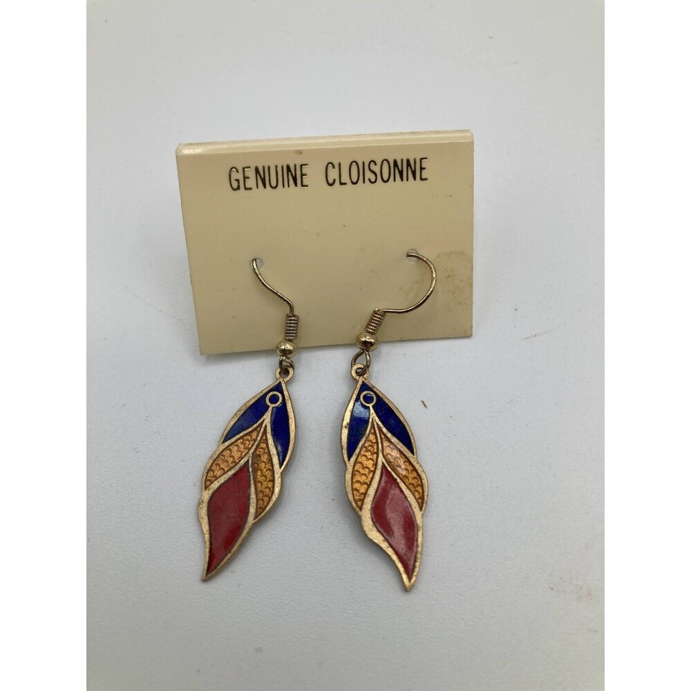 Vintage Genuine Cloisonne Enamel Leaf Dangle Earrings Red Blue Gold Tone